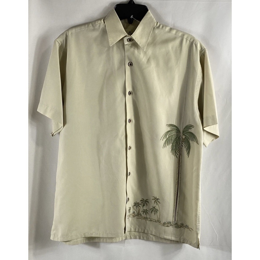 Bamboo Cay Men's Short Sleeve Camp Shirt Beige Embroidered Palm Tree Sz XS